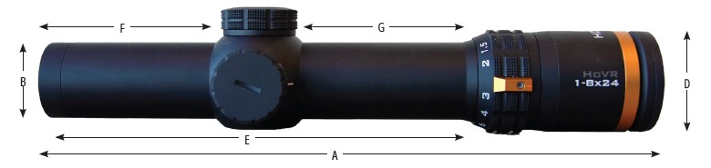 HoVR 1-8x24mm LPVO riflescope dimensions diagram