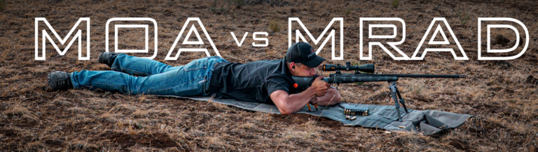 Man shooting rifle with MOA or MRAD scope